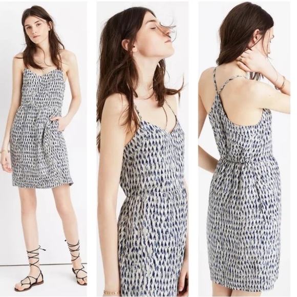 Madewell Dresses & Skirts - Madewell SILK sunlight painted feathers Blue grey cream Mini Dress pockets